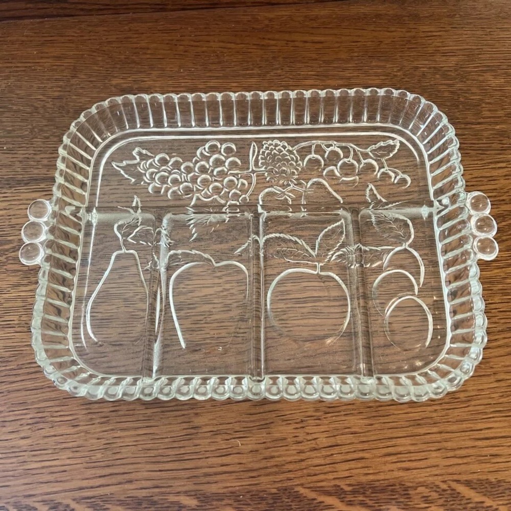 Vintage Indiana Glass Divided Relish Dish with Fruit Designs, 12" Tray
